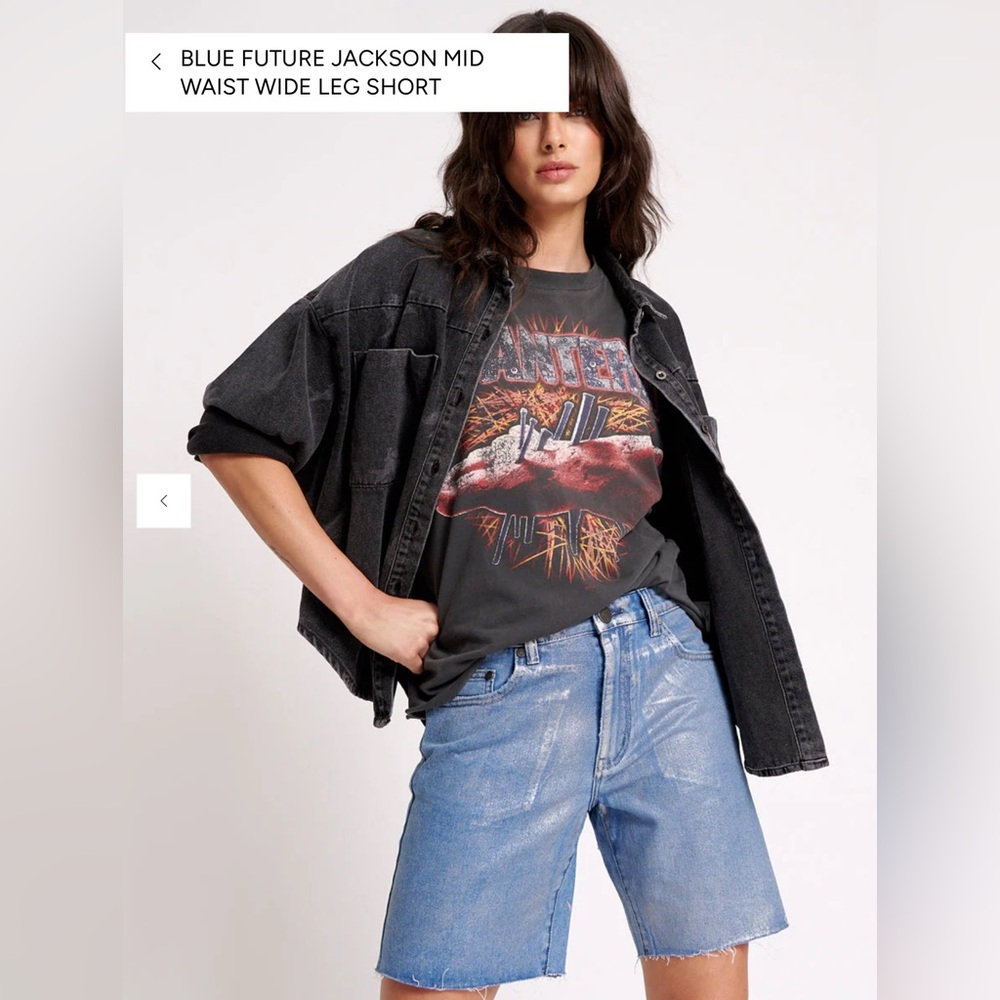 One Teaspoon Blue Future Jackson Mid Rise Silver Coated Wide Leg Denim Shorts 25